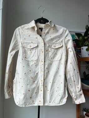 J. Crew Ivory and Gold Star Long Sleeve Denim Button Down - Size XXS